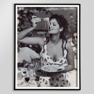 Woman Eating Spaghetti Print, Black and White, Vintage Poster, Restaurant Decor, Pasta Girl Print, Italy Photography Print, Digital Download