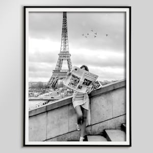 Woman Reading Newspaper at Eiffel Tower Print, Black and White, Paris Photography, Fashion Wall Art, Hypebeast Room Decor, Digital Download