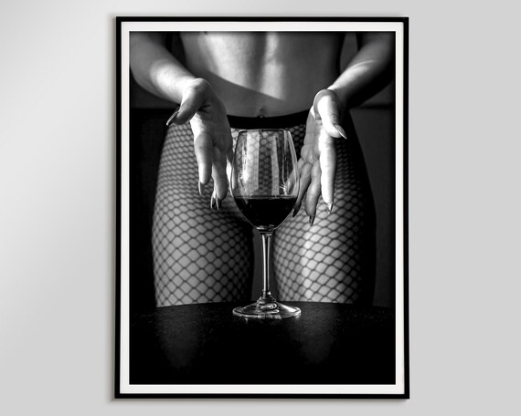 Woman Holding Red Wine Glass Print, Black and White, Feminist Poster, Bar Cart Print, Alcohol Wall Art, Teen Girl Room Decor, Sexy Wall Art