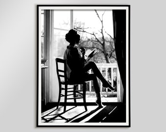 Woman Reading Black and White Photo, Vintage Style Print (Digital Download)