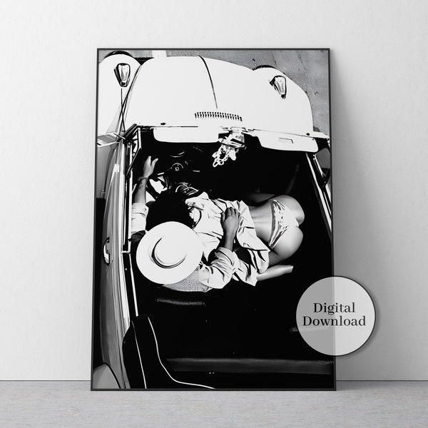 Impresión de romance en el coche, blanco y negro, fotografía vintage, decoración romántica del dormitorio, póster de pareja, arte romántico de la pared, decoración de San Valentín