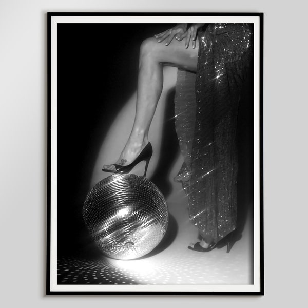 High Heels Woman on Disco Ball Poster, Black and White, Feminist Art Print, Teen Girl Bedroom Decor, 1970s, Funky Wall Art, Digital Download