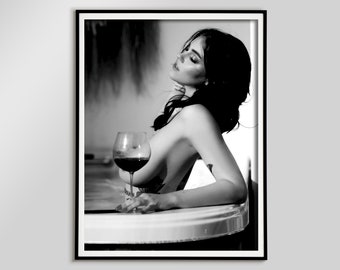 woman drinking wine, bathtub print, black and white, bathroom wall art, feminist poster, girls bathroom decor, fine art, digital download