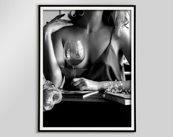 Woman Drinking Red Wine Print, Black and White, Fashion Poster, Bar Cart Print, Alcohol Wall Art, Teen Girls Bedroom Decor, Wine Wall Art