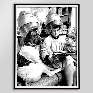Woman and Dog at Hair Salon Print, Funny Wall Art, Black and White, Vintage Photography, Fashion Poster, Bathroom Wall Art, Hair Salon Decor
