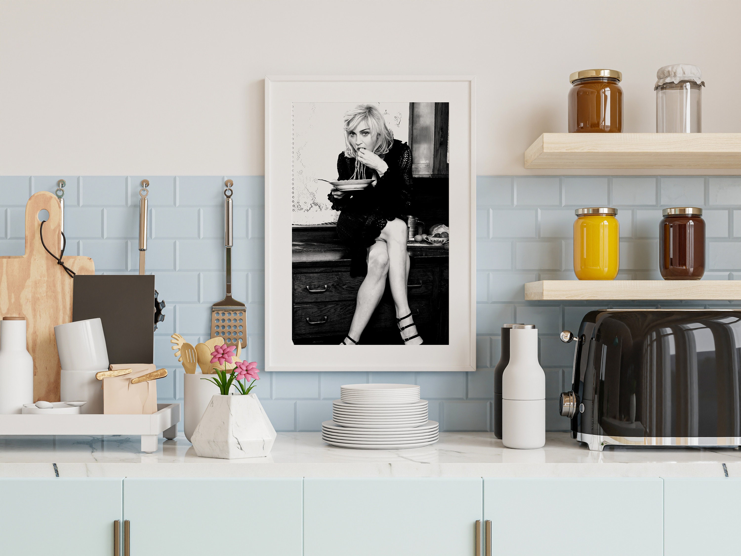 Madonna che mangia spaghetti poster, bianco e nero, stampa vintage, foto  antiche, stampa di pasta, arte della parete della cucina, arredamento della  sala da pranzo, arte su tela -  Italia