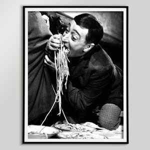Toto Eating Spaghetti Poster, Black and White, Vintage Pasta Print, Antique Photo, Kitchen Wall Art, Restaurant Decor, Digital Download Art