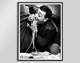 Toto Eating Spaghetti Poster, Black and White, Vintage Pasta Print, Antique Photo, Kitchen Wall Art, Restaurant Decor, Digital Download Art