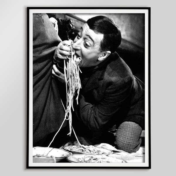 Toto comiendo cartel de espagueti, blanco y negro, impresión de pasta vintage, foto antigua, arte de la pared de la cocina, decoración del restaurante, arte de descarga digital