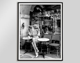 Paris Cafe Print, Woman Reading Newspaper, Black and White Photography (Digital Download)