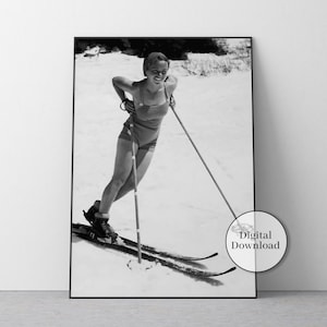 Vintage Woman Ski Poster, Digital Download Wall Art, Printable Ski Photo, Apres Ski Decor, Retro Skiing Print, Ski Lodge Art Print