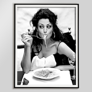 Italian Woman Eating Spaghetti Poster, Black and White Vintage Photo, Pasta Print, Dining Room Decor, Printable Wall Art, Kitchen Wall Decor