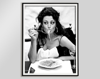 Italian Woman Eating Spaghetti Poster, Black and White Vintage Photo, Pasta Print, Dining Room Decor, Printable Wall Art, Kitchen Wall Decor