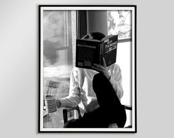 Woman Reading Book Photography Print, Black and White, Coffee Shop Decor (Digital Download)