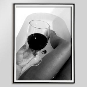woman drinking wine, bathtub print, woman drinking print, wine in bathroom, black and white, bathroom poster, feminist wall art, vintage bar