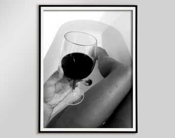 Woman in Bathtub Print, Wine Glass, Black and White (Digital Download)
