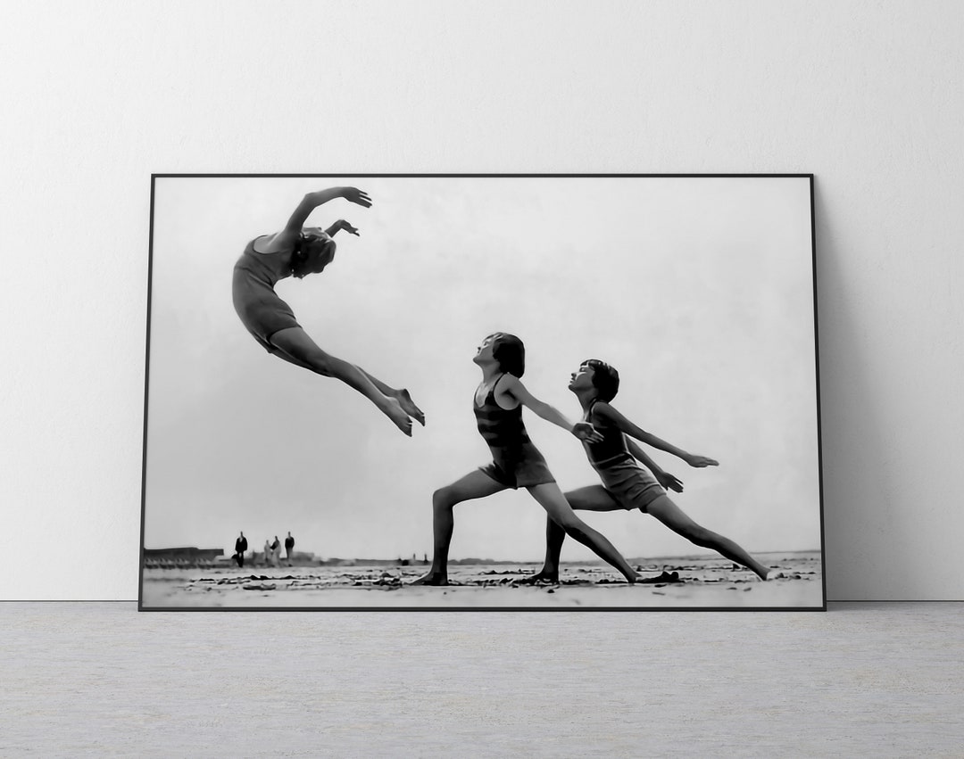Vintage Beach Dancers Print Black and White Photography Wall Art Retro Beach House Decor Antique