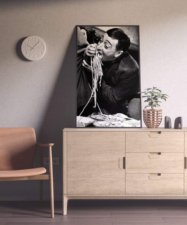 Toto Eating Spaghetti Poster, Black and White, Vintage Pasta Print, Antique Photo, Kitchen Wall Art, Restaurant Decor, Digital Download Art