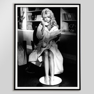 Brigitte Bardot on Telephone Poster, Black and White, Vintage Print, Fashion Photography, Teen Girl Room Decor, Girly Wall Art, Glam Decor