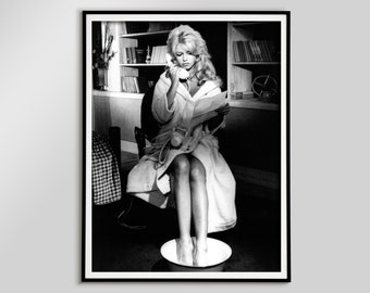 Brigitte Bardot on Telephone Poster, Black and White, Vintage Print, Fashion Photography, Teen Girl Room Decor, Girly Wall Art, Glam Decor