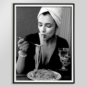 Woman Eating Spaghetti & Drinking Wine Print, Black and White, Vintage Kitchen Poster, Dining Room Wall Art, Pasta Print, Restaurant Decor
