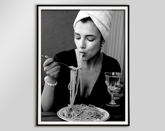 Woman Eating Spaghetti Print, Vintage Kitchen Art (Digital Download)