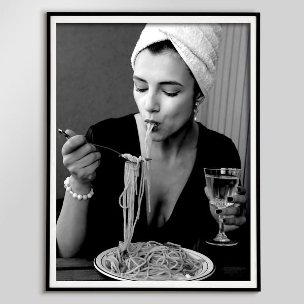 Woman Eating Spaghetti Print, Vintage Kitchen Art (Digital Download)