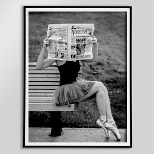Ballet Dancer Reading Newspaper Print, Black and White Wall Art, Vintage Poster, Photography Prints, Teen Girl Room Decor, Bedroom Wall Art