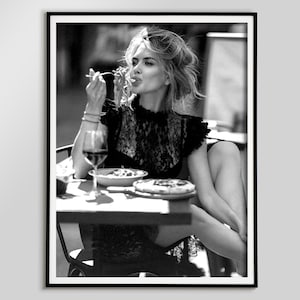 Italian Woman Eating Spaghetti Poster, 1950, Black and White Vintage Photo, Pasta Print, Woman Drinking Wine, Kitchen Wall Art, Pasta Poster