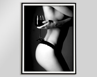 Bikini Frau Weinglas Druck | Schwarz Weiß sinnliche Kunst digitaler Download | Sexy Schlafzimmer Wand Dekor | Barwagen & Teen Girl Room Art