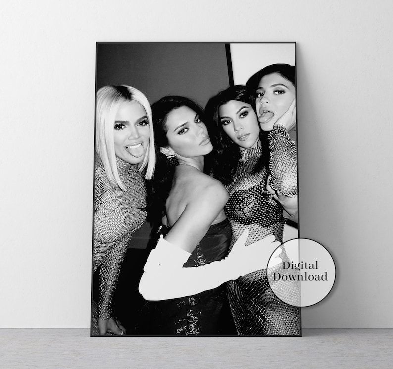 Khloe Kardashian With Kourtney Kardashian And Kendall Jenner Poster, Black and White, Fashion Print, Room Decor, Glam Wall Art, Vanity Decor
