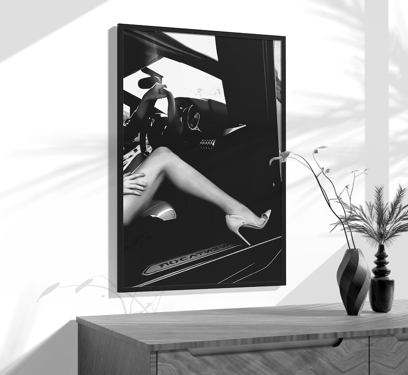 High Heels in Car Print, Luxury Fashion Poster, Black and White