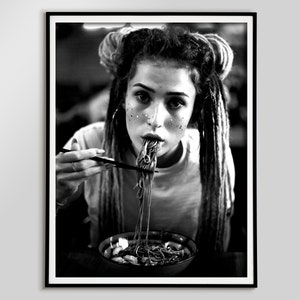 Woman Eating Pasta Poster, Black and White, Vintage Print, Spaghetti Print, Dining Room Decor, Kitchen Wall Art, Printable, Digital Download
