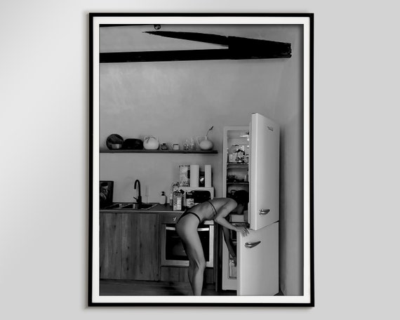 Naked Woman in the Kitchen Print, Summer Poster, Black and White, Vintage Photography, Dining Room Decor, Digital Download, Feminist Poster
