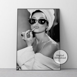 audrey hepburn, poster, wall art, lipstick print, black and white, vintage photo, audrey hepburn print, old hollywood decor, feminist print, fashion wall art, fashion print, wall decor, vintage poster