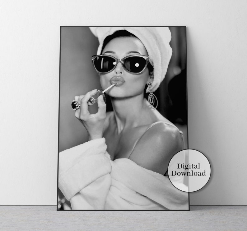 audrey hepburn, poster, wall art, lipstick print, black and white, vintage photo, audrey hepburn print, old hollywood decor, feminist print, fashion wall art, fashion print, wall decor, vintage poster