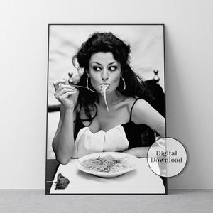 Italian Woman Eating Spaghetti Poster Black and White Vintage Photo Pasta Print Dining Room Decor Printable Wall Art Kitchen Wall Decor