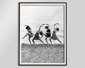 Vintage Beach Poster Women Dancing Black and White Photo Print | Minimal Beach Art Digital Download for Wall Decor, Printable Photo Art