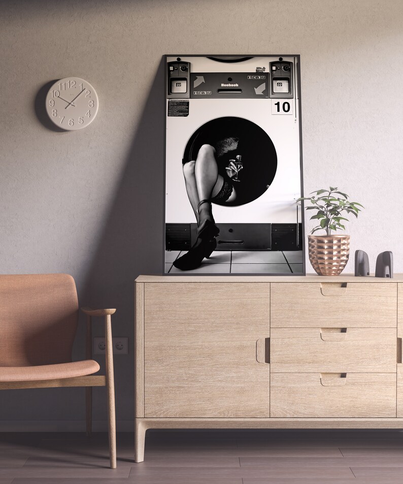 woman drinking print, woman drinking wine, washing machine, black and white, feminist poster, funny wall art, vintage laundry, laundry poster, laundry print, laundry, printable, room decor, laundry room sign