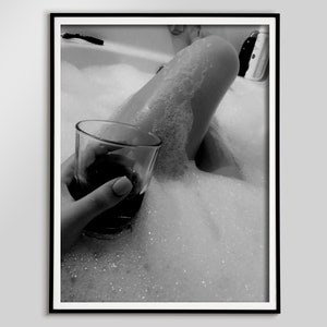 woman drinking wine, bathtub print, woman in bathtub, black and white, alcohol poster, printable bathroom, bathroom wall art, feminist print