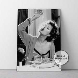 Italian Woman Eating Spaghetti Poster, Black and White, Pasta Print, Vintage Food Poster, Restaurant Decor, Pasta Poster, Kitchen Wall Decor