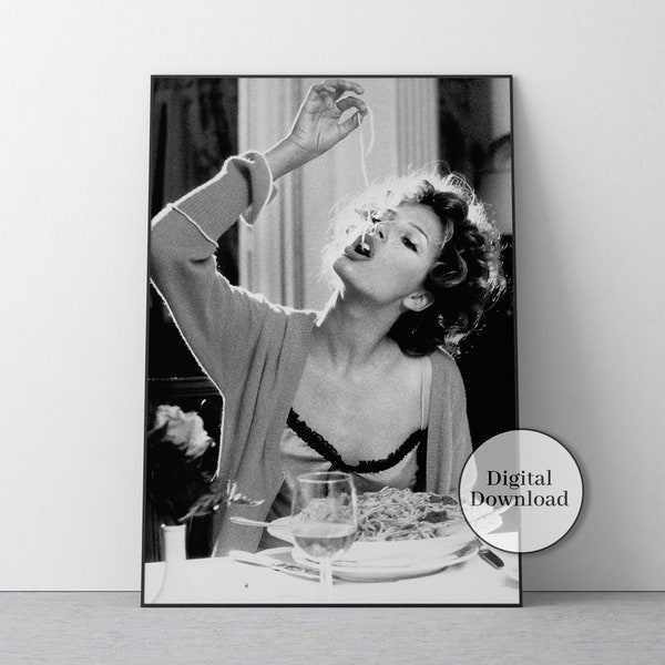 Mujer italiana comiendo cartel de espagueti, blanco y negro, impresión de pasta, cartel de comida vintage, decoración de restaurante, cartel de pasta, decoración de la pared de la cocina