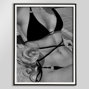 Bikini Woman Drinking Wine Print, Black and White, Alcohol Wall Art, Vintage Bar Print, Teen Girl Room Decor, Bedroom Print, Summer Poster