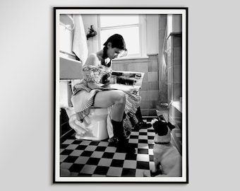 woman reading, woman reading print, funny bathroom print, funny dog poster, black and white, bathroom wall art, feminist poster, girls bath