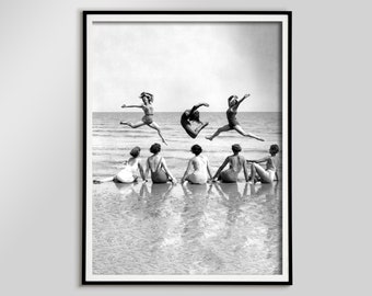 Vintage Women Dancing Beach Print Black and White Coastal Wall Art Digital Download, Surfer Photography, Beach Poster, Vintage Home Decor