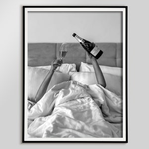 Woman Drinking Wine in Bed Poster, Bar Cart Print, Black and White, Cocktail Wall Art, Alcohol Poster, Teen Girl Room Decor, Feminist Poster