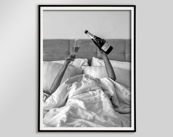 Woman Drinking Wine in Bed Poster, Bar Cart Print, Black and White, Cocktail Wall Art, Alcohol Poster, Teen Girl Room Decor, Feminist Poster