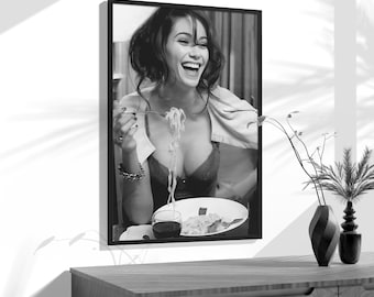 Woman Eating Spaghetti Vintage Black and White Photography Print, Pasta Poster Kitchen Wall Art Restaurant Decor Antique Photos