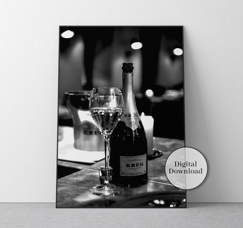 Champagne in the Bar Poster, Black and White, Bar Cart Print, Alcohol Wall Art, Digital Download, Home Bar Decor, Champagne Wall Art, Canvas