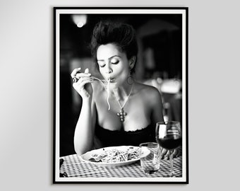 Pasta Poster, Black and White Vintage Photography Print, Woman Eating Spaghetti, Kitchen Wall Art, Pasta Print, Digital Download, Cafe Decor